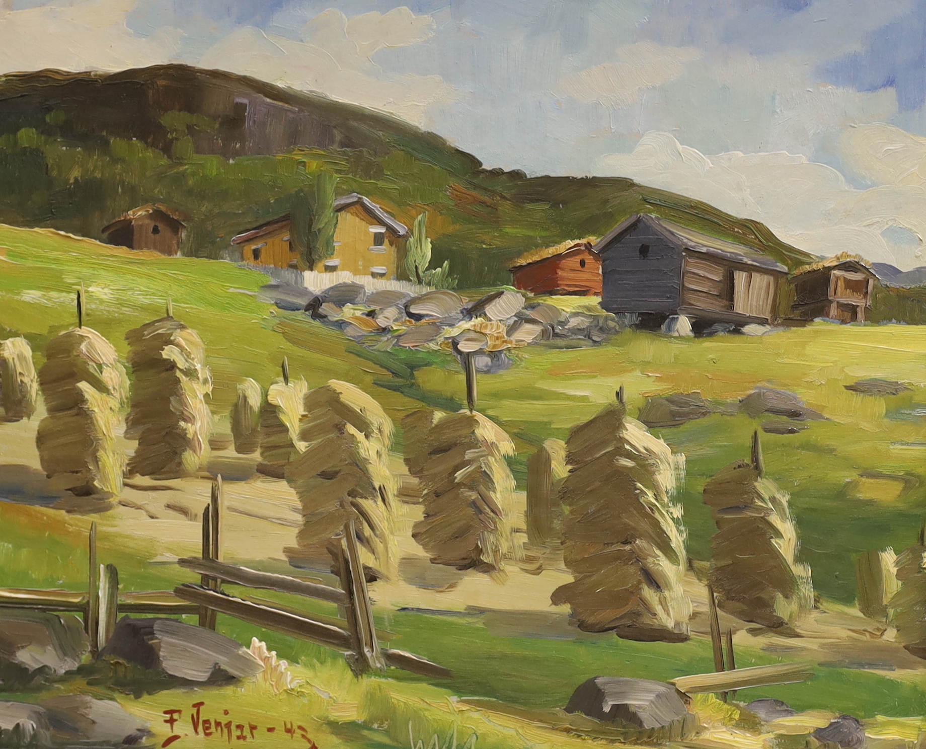 E. Vernier, oil on board, Swiss chalets and cornstacks on a hillside, signed and dated '43, 36 x 44cm